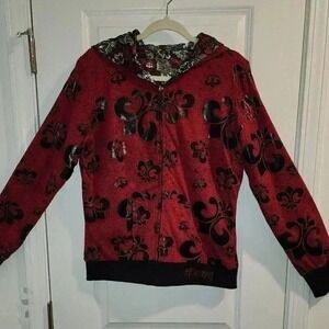 Dereon Reversible Full Zip Hoodie Red Black Fleur-de-lis Paisley Y2K Streetwear